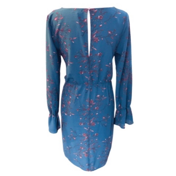 Long Sleeve V-Neck Teal with Floral Print Dress - Picture 3 of 8